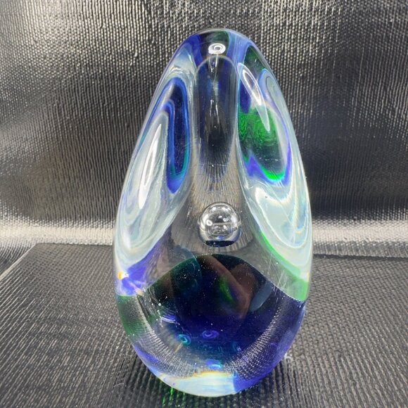 Vintage 1980s Oval Glass Paperweight With Large Bubbles Blue Green Glass Decor - Picture 9 of 11